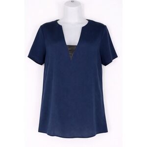 Ramy Brook 100% Silk Blouse Size L Navy Faux Leather V Neck